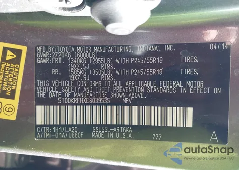 2014 Toyota Highlander Limited V6 z USA, uszkodzony, nr VIN 5TDDKRFHXES039535